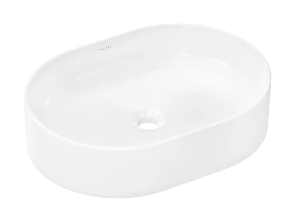 Weißer, ovaler Waschbecken-U-Aufsatz ohne Hahnloch und Überlauf, hergestellt von Hansgrohe. Glatte Oberfläche und schlichtes Design.